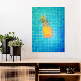 Plakat samoprzylepny Żółty ananas na błękitnym tle