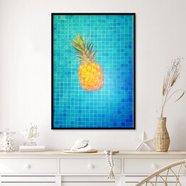 Plakat w ramie Żółty ananas na błękitnym tle