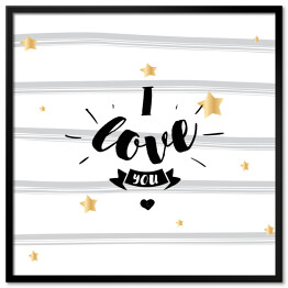 Plakat w ramie "Kocham Cię" - napis wśród złotych gwiazd