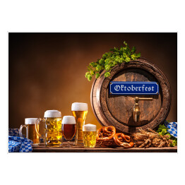 Plakat Oktoberfest - beczka na piwo i kufle do piwa