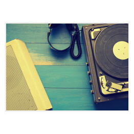Plakat samoprzylepny Sprzęt muzyczny na drewnianym stole