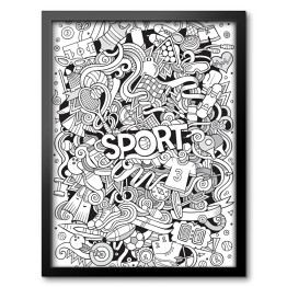 Obraz w ramie Ilustracja czarno biała - symbole nawiązujące do sportu