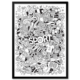Plakat w ramie Ilustracja czarno biała - symbole nawiązujące do sportu