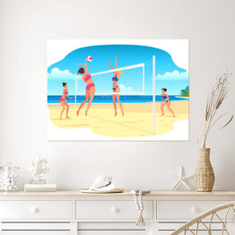 Plakat Dziewczyny grające w siatkówkę na plaży - ilustracja