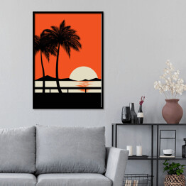 Plakat w ramie Zachód słońca na tropikalnej plaży - ilustracja w minimalistycznym stylu