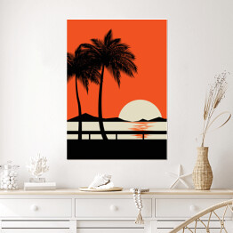 Plakat samoprzylepny Zachód słońca na tropikalnej plaży - ilustracja w minimalistycznym stylu