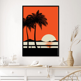 Plakat w ramie Zachód słońca na tropikalnej plaży - ilustracja w minimalistycznym stylu