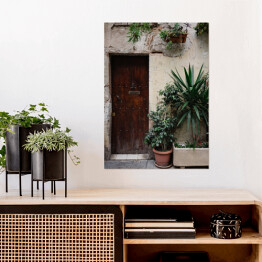 Plakat samoprzylepny Stary dom z roślinami w garnkach i drewnianymi ciemnobrązowymi drzwiami