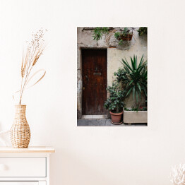 Plakat Stary dom z roślinami w garnkach i drewnianymi ciemnobrązowymi drzwiami