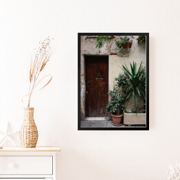 Obraz w ramie Stary dom z roślinami w garnkach i drewnianymi ciemnobrązowymi drzwiami