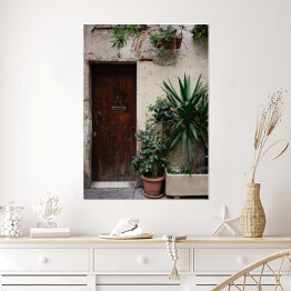 Plakat samoprzylepny Stary dom z roślinami w garnkach i drewnianymi ciemnobrązowymi drzwiami