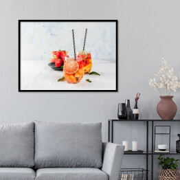 Plakat w ramie Letnie drinki i koktajle - lemoniada ze świeżym arbuzem, limonką, miętą i ananasem