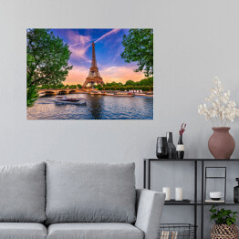 Plakat samoprzylepny Paryska wieża Eiffla i rzeka - zmierzch w Paryżu, Francja