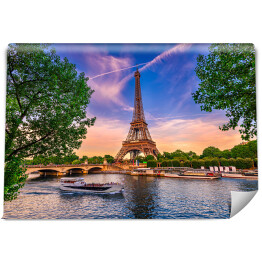 Fototapeta Paryska wieża Eiffla i rzeka - zmierzch w Paryżu, Francja