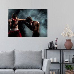 Plakat samoprzylepny Dwóch profesjonalnych bokserów na czarnym przydymionym tle 