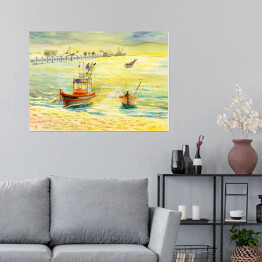 Plakat samoprzylepny Łódź rybacka nad brzegiem morza - ilustracja