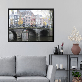Obraz w ramie Krajobraz Amsterdamu - kanały, rowery i domy