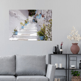 Plakat Typowa śródziemnomorska architektura - biało niebieski dom z wejściem ozdobionym roślinnością