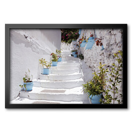 Obraz w ramie Typowa śródziemnomorska architektura - biało niebieski dom z wejściem ozdobionym roślinnością