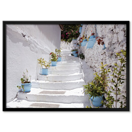 Plakat w ramie Typowa śródziemnomorska architektura - biało niebieski dom z wejściem ozdobionym roślinnością