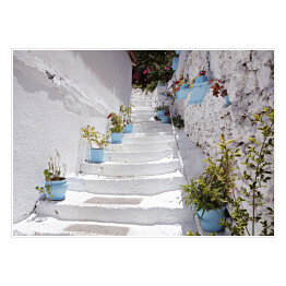 Plakat samoprzylepny Typowa śródziemnomorska architektura - biało niebieski dom z wejściem ozdobionym roślinnością