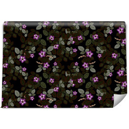 Tapeta samoprzylepna w rolce Małe lśniące fioletowe kwiaty z liśćmi na czarnym tle 