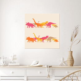 Plakat samoprzylepny Barwne dinozaury na kolorowym tle