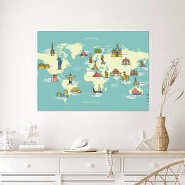 Plakat samoprzylepny Mapa świata z symbolami kraju