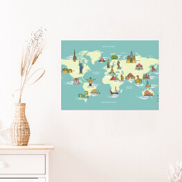 Plakat Mapa świata z symbolami kraju