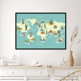 Plakat w ramie Mapa świata z symbolami kraju