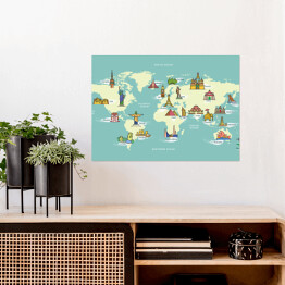 Plakat samoprzylepny Mapa świata z symbolami kraju