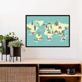 Plakat w ramie Mapa świata z symbolami kraju