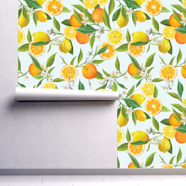 Tapeta samoprzylepna w rolce Pomarańcze i cytryny z kwiatami i listkami na gałązkach