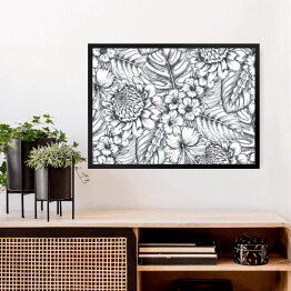 Obraz w ramie Kompozycja tropikalnych kwiatów - szkic