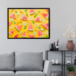 Obraz w ramie Cytryny i limonki z arbuzem na żółtym tle