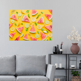 Plakat samoprzylepny Cytryny i limonki z arbuzem na żółtym tle