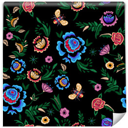 Tapeta winylowa zmywalna w rolce Hafciarski wzór z barwnymi kwiatami na ciemnym tle