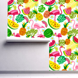 Tapeta samoprzylepna w rolce Tropikalny wzór z różowymi flamingami, arbuzami i ananasami