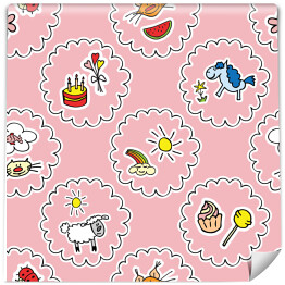 Tapeta w rolce Dziecięcy wzór z owieczek, słodyczy i kucyków w chmurkach na różowym tle