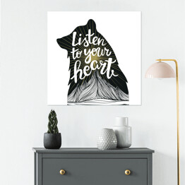 Plakat samoprzylepny Ilustracja z czarnym niedźwiedziem, słońcem i górami oraz podpisem "posłuchaj swojego serca"