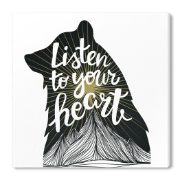 Obraz na płótnie Ilustracja z czarnym niedźwiedziem, słońcem i górami oraz podpisem "posłuchaj swojego serca"
