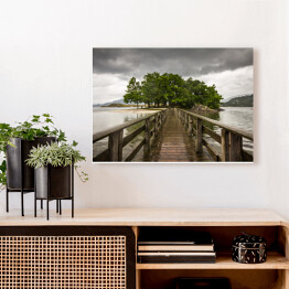 Obraz na płótnie Drewniany most prowadzący na wyspę porośniętą roślinnością