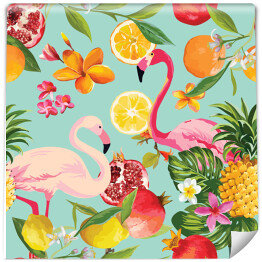 Tapeta w rolce Tropikalny wzór z flamingami i owocami - garanat, cytryna, pomarańcze oraz liście 