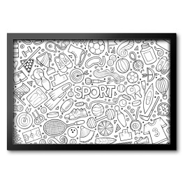 Obraz w ramie Rysunek czarno biały - symbole nawiązujące do sportu