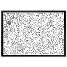 Plakat w ramie Rysunek czarno biały - symbole nawiązujące do sportu