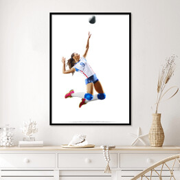 Plakat w ramie Kobieta grająca w siatkówkę na białym tle