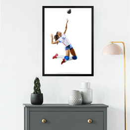 Obraz w ramie Kobieta grająca w siatkówkę na białym tle