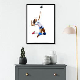 Plakat w ramie Kobieta grająca w siatkówkę na białym tle