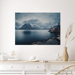 Plakat samoprzylepny Jezioro w mroźną pogodę wśród gór