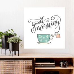 Typografia "Dzień dobry" z rysunkiem filiżanki herbaty